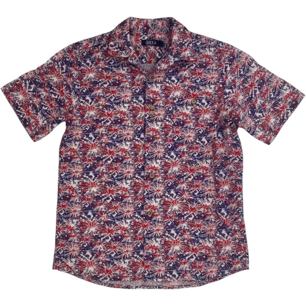 Boca Classics Mens‎ Large Red White Blue Firework Print Button Down Shirt Cotton